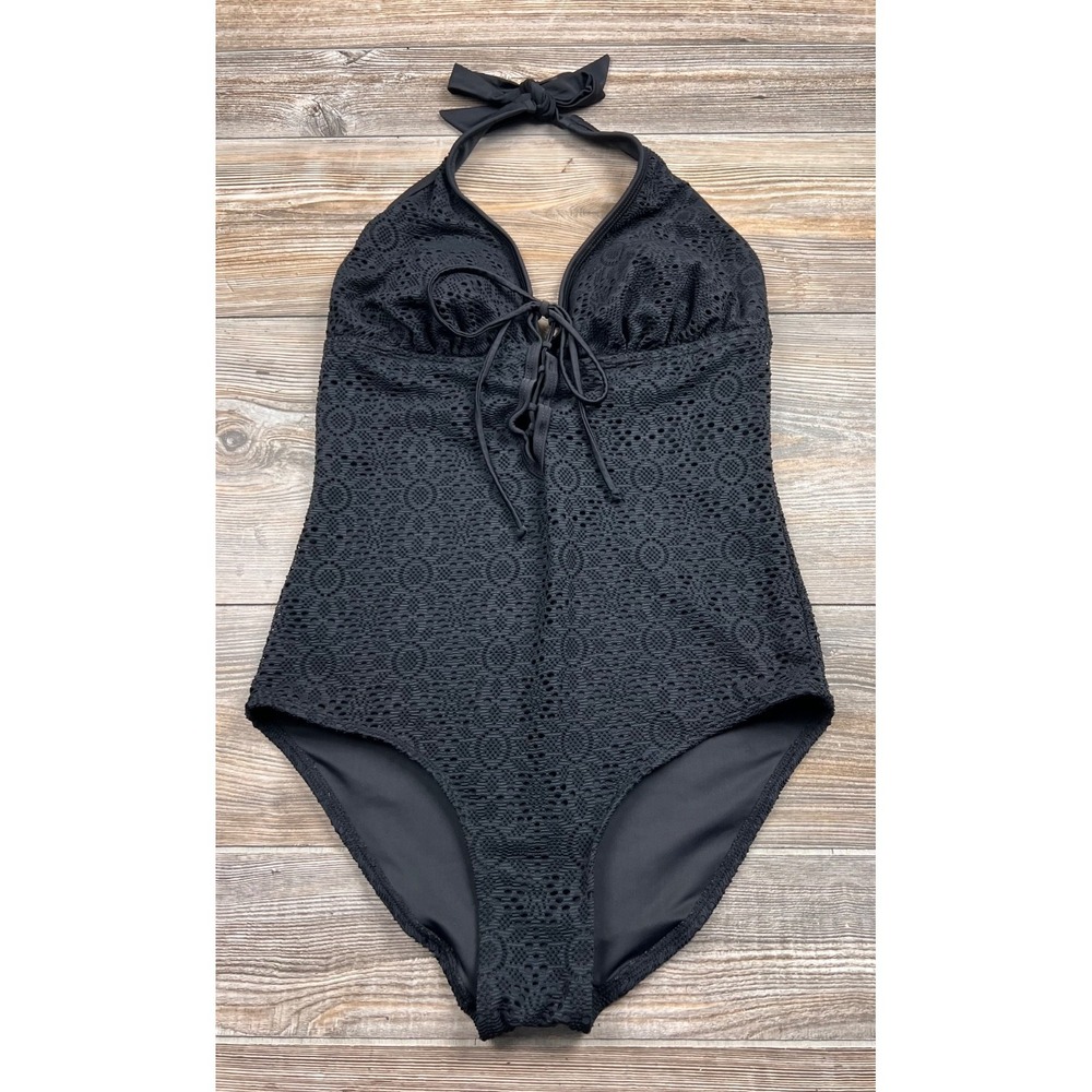 Attention‎ Swimwear Black Bathing Suit Crochet One-Piece Built In Bra Halter L